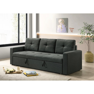 Canapé-lit trois places en tissu gris foncé avec coussins, 212 cm de largeur, 74 cm de profondeur, 86 cm de hauteur, 62 kg, lit gigogne 179 cm de largeur x 114 cm de profondeur, 39 cm x 185 cm de largeur, dossier 52 cm x 44 cm, 57 cm de hauteur, pied en plastique noir, rembourrage en mousse