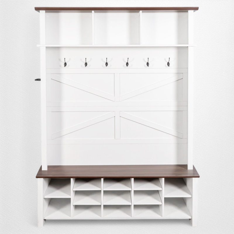 Hall Tree 56.3" Wide With Bench And Shoe Storage, White
