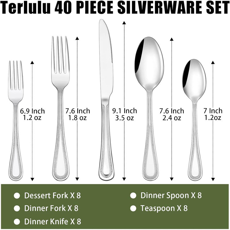 40-Piece Stainless Steel Flatware Set For 8, Mirror Polished Cutlery With Beaded Handle, Dishwasher Safe Tableware For Home & Restaurant