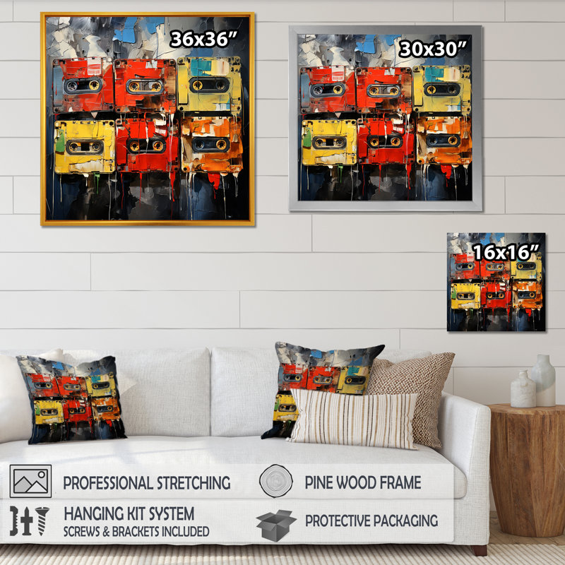 Colourful Colorful Art Melodic Tapes I - Cassette Tapes Wall Art, Cadre flottant doré, H 30 po x l 30 po x P 1,5 po