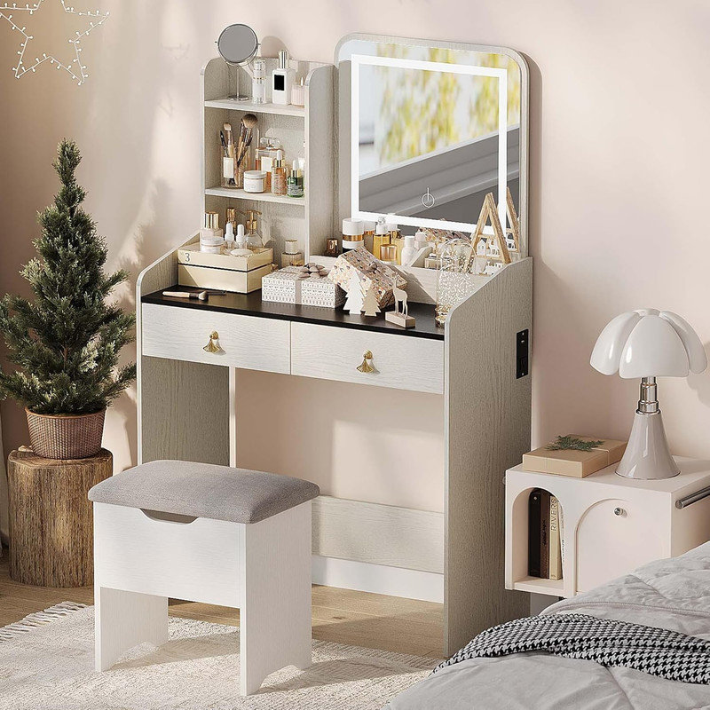 Makeup Vanity with LED Mirror & Charging Station, 2 Drawers & Storage Stool for Bedroom, White
