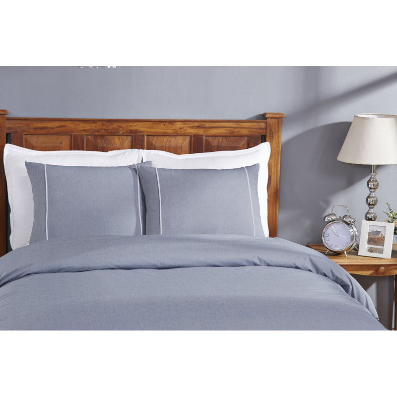 Chambray Cotton Sham with Satin Piping, Knife Edge Finish, King, Navy