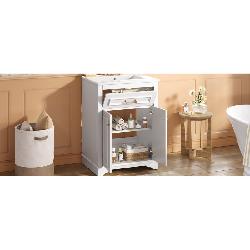 Meuble-lavabo 24 po avec lavabo intégré, blanc, 2 portes, 1 tiroir basculant, design contemporain, rangement spacieux, quincaillerie, installation rapide pour salle de bain au look moderne, compartiments, panneaux, assemblage