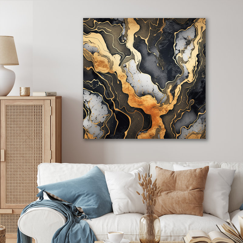 Or et marbre gris scintillant Galaxies II - art mural fractal, Toile tendue, H 30 po x l 30 po x P 1,5 po