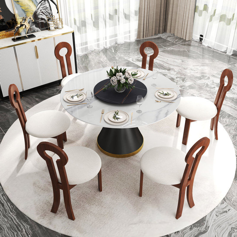 6 Seat Modern Round Sintered Stone Dining Table With Rotating Tray,modern Key-shaped Dining Chairs, White/Black