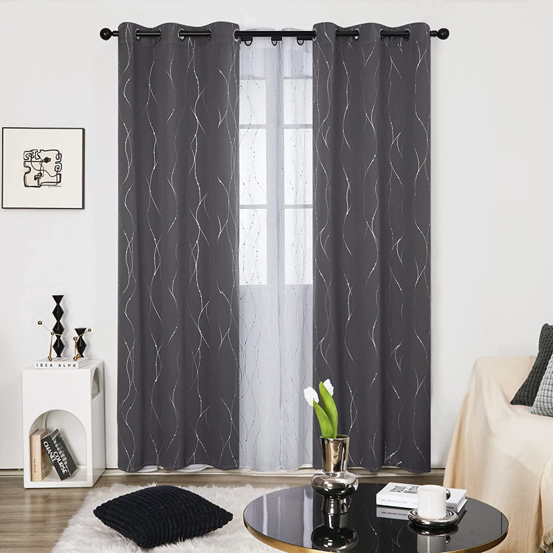 Senath Dotted Line Foil Printed Room Darkening Thermal Curtains, Dark Grey, 117cm W x 183cm D