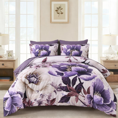 7-Piece Floral Comforter Set, Soft Microfiber All-Season Bedding Set with Flat Sheet, Fitted Sheet, Pillowcases and Shams