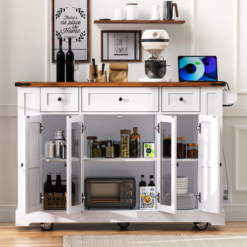 53'' Farmhouse Kitchen Island Cart With Power Outlet, Glass Doors, Drop Leaf, Drawers & Wheels, White, White