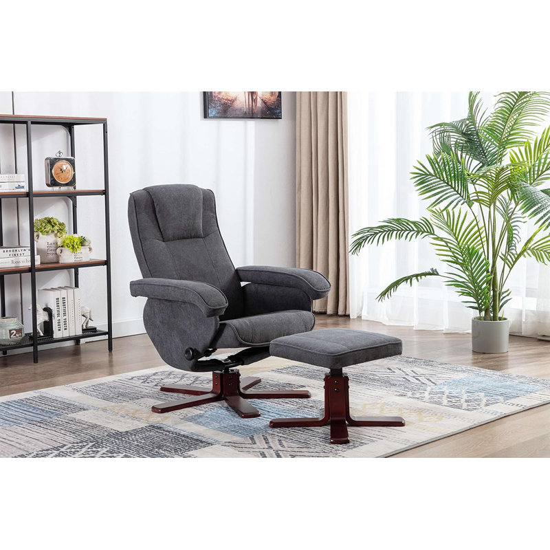 Resnick 29.5cm Wide Swivel Ergonomic Recliner, Dark Brown Wood, Dark Grey