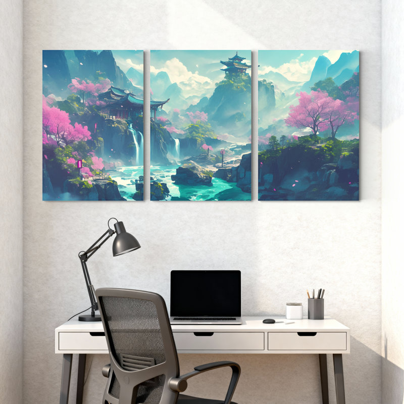 Paysage et paysage de montagne, paysage de cascade de cerisiers en fleurs, ensemble de 3 impressions sur toile