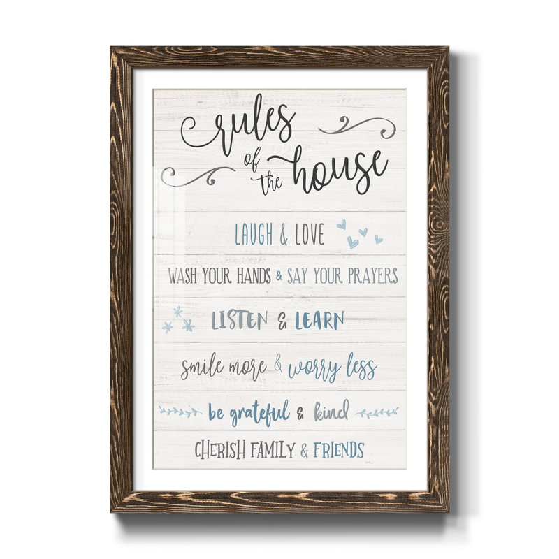 Rules of the House - Reproduction d'art textuel sur papier encadré, H 37,5 po x l 27,5 po x P 1,5 po, Noyer
