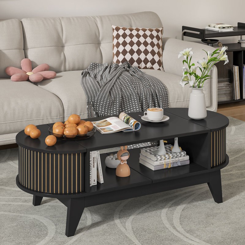 Black Oval MDF Coffee Table with Fluted Storage