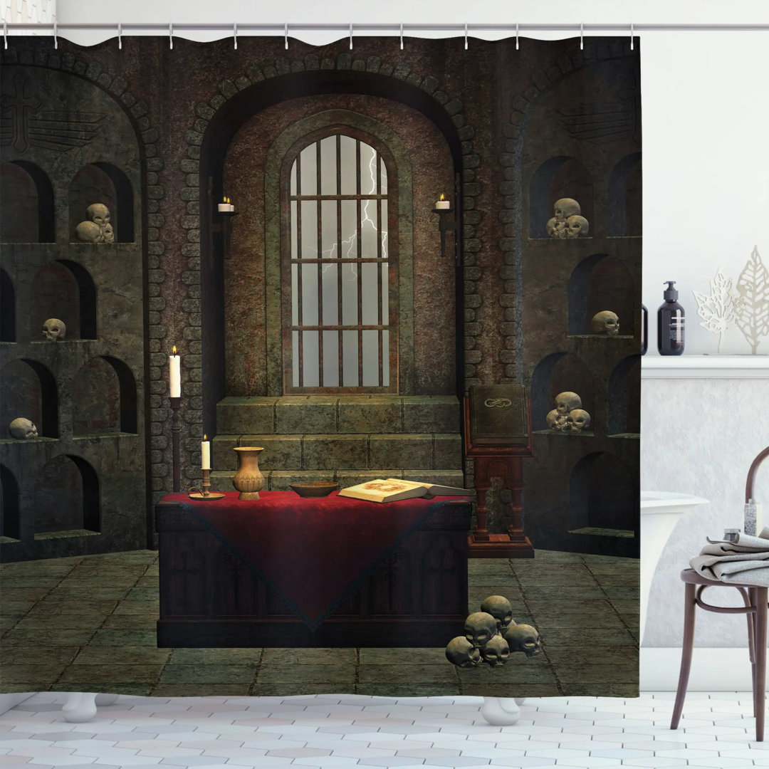 Gothic House Fantasy Spell Casting Warlock Witch Skulls Shelves Candles Spooky Scenery Single Shower Curtain Ambesonne 