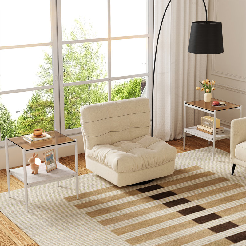 2-piece Modern End Tables Rectangle Side Table with Tempered Glass Top & MDF Storage Shelf, Living Room Accent Tables, Brown