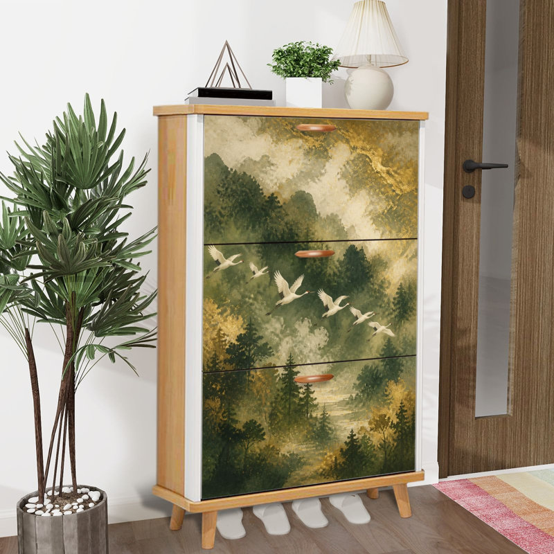 Meuble de rangement à chaussures minimaliste et élégant, motif de grues en vol, avec 3 tiroirs rabattables. Organisateur de chaussures autoportantes, gain d'espace, idéal pour l'entrée, le corridor, la chambre, les petits appartements et la maison.