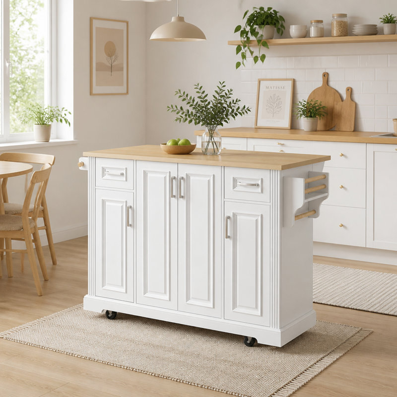 Îlot de cuisine de grande taille (54,1 po) avec abattant, chariot de cuisine roulant à texture en relief sur 4 roues et 4 portes