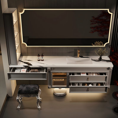 Meuble-lavabo de salle de bain mural en bois d'hévéa massif 51,18 po avec miroir intelligent et armoire d'appoint