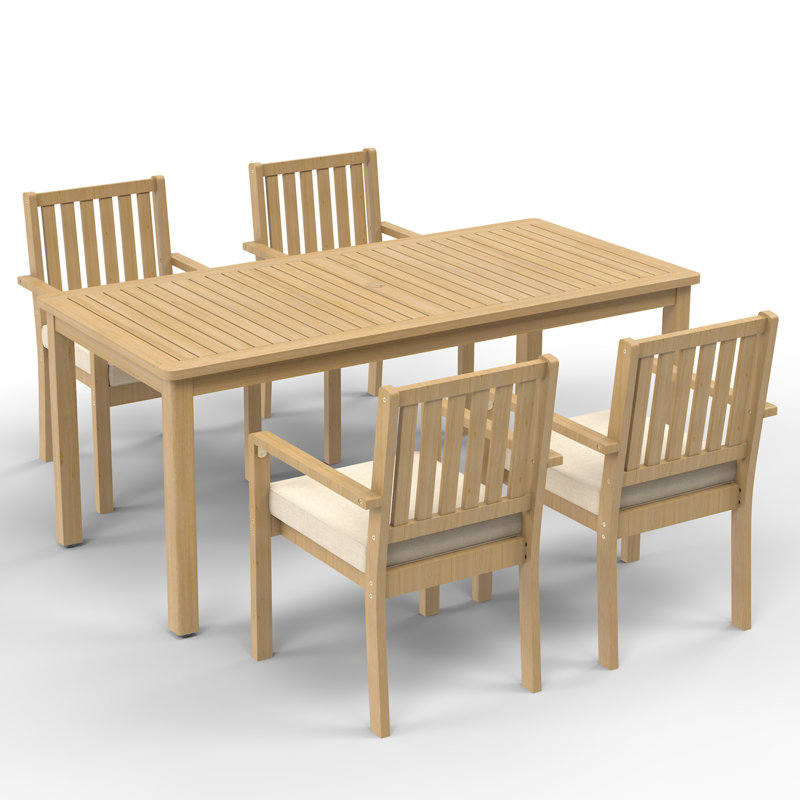 Ensemble de salle à manger d'extérieur Barkbridge pour 4 personnes en bois d'acacia résistant aux intempéries, avec trou pour parasol et coussins moelleux.