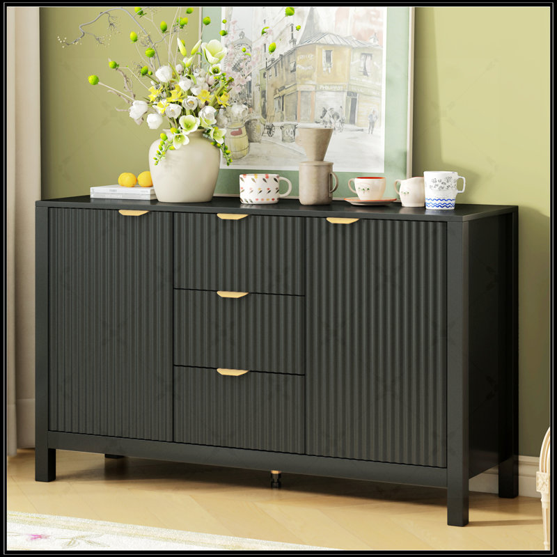 Wave-Designed Sideboard With 3 Adjustable Shelves, 3 Drawers, And Soft-Close Doors For Modern Storage Solutions, Black