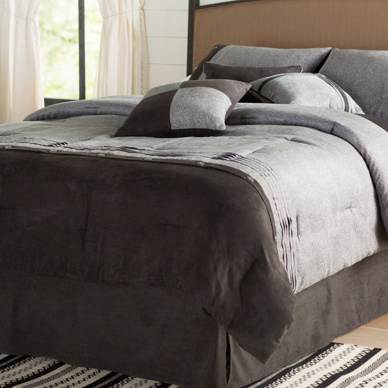 Ensemble d'édredon en imitation suède 7 pièces Boone, Édredon de très grande taille et 6 pièces suppl, Gris / noir