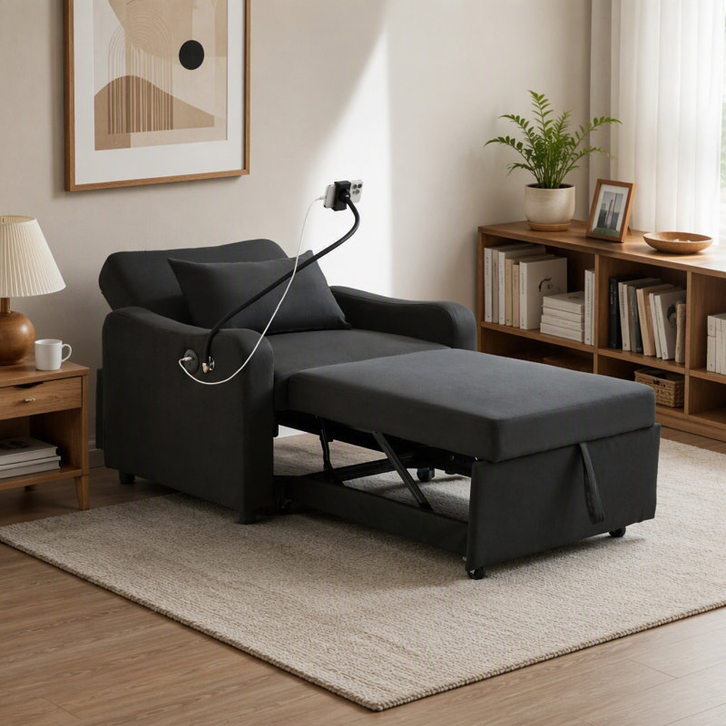 Canapé-lit multifonctionnel 3 en 1 noir avec dossier réglable, support pour téléphone et port USB-C ; convient aux salons, chambres et petits appartements.