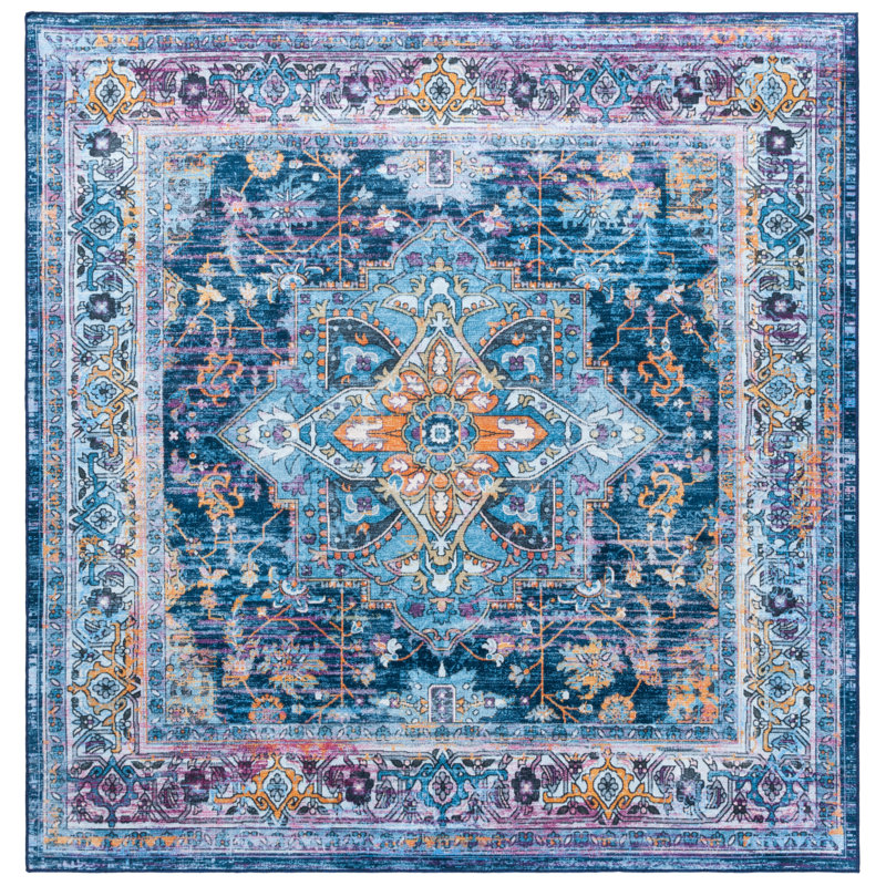 Wintress Orlando Felt/Velvet/Laminated Film Machine Washable Southwestern Rug in Light Blue/Navy, Square 6'7"