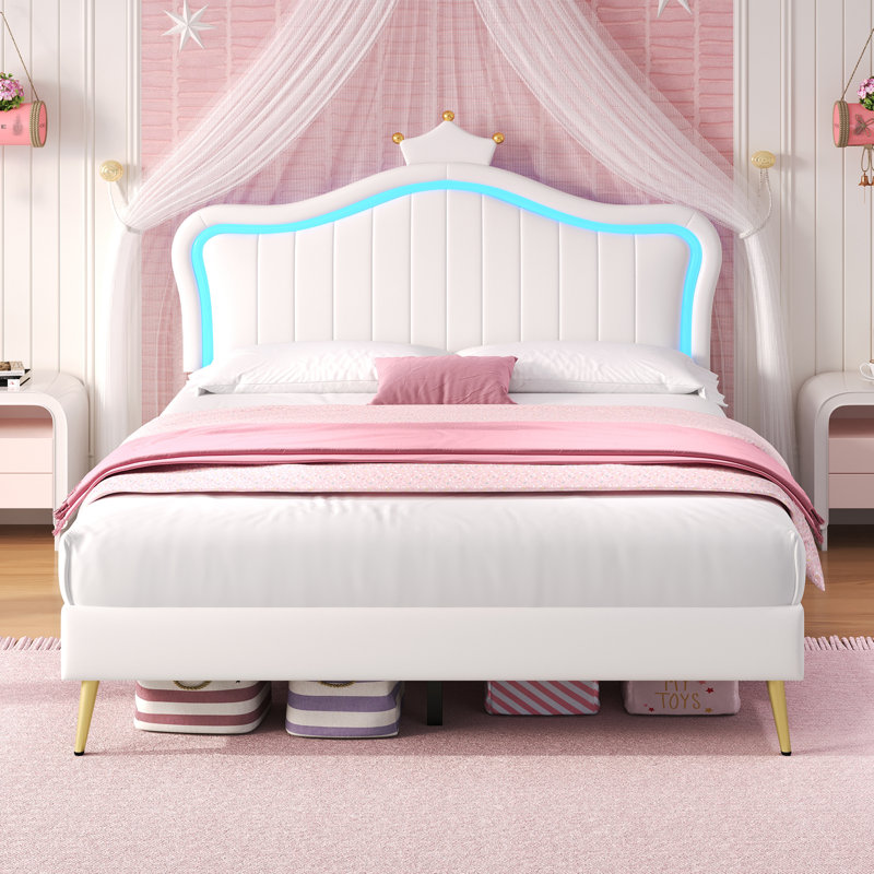 Upholstered Bed With Led Adjustable Crown Shape Headboard, Double (4'6), White