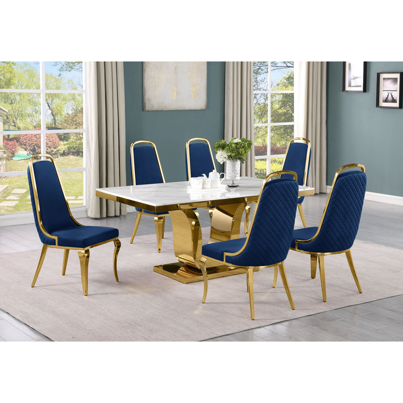 Ensemble de salle à manger rectangulaire L 66 po x l 38 po Kiaria, Bleu marine, Ensemble repas 7 pièces