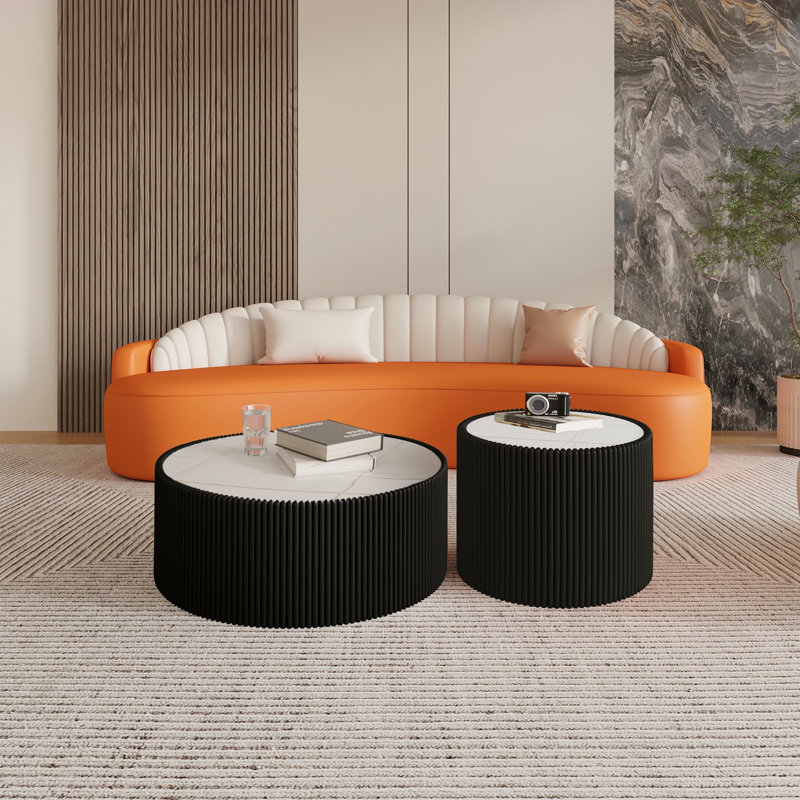 Table basse moderne en cuir fritté avec dessus en pierre, Noir