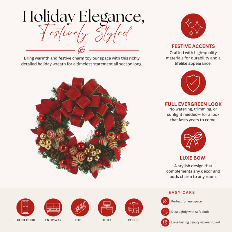 Holiday Wreath with Red and Gold Leaves, Ornaments, Pinecones and Velvet Bows