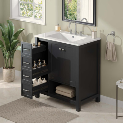 Meuble-lavabo de salle de bain avec comptoir, meuble-lavabo avec deux portes et deux tiroirs, bois massif, tablette ouverte, panneaux de fibres à densité moyenne, un paquet