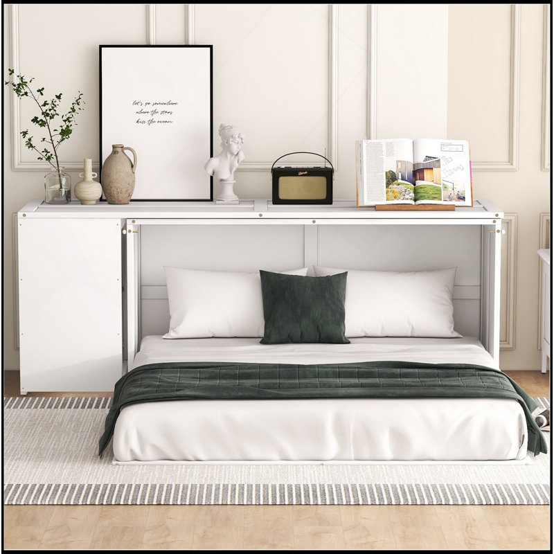 Grand lit escamotable contemporain avec bureau rotatif, Blanc