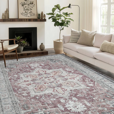 Washable Area Rug 9'X12', Ultra Soft With Non-Slip Backing & Durable Edge Binding, Vintage Large Carpets For Living Room, Bedroom, Dining Room