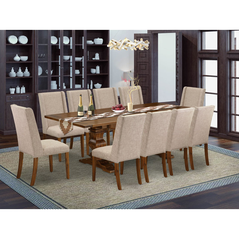 L'ensemble de table de cuisine 11 pièces comprend une table de salle à manger rectangulaire avec rallonge amovible et 10 chaises de salle à manger Parsons en lin brun clair patiné