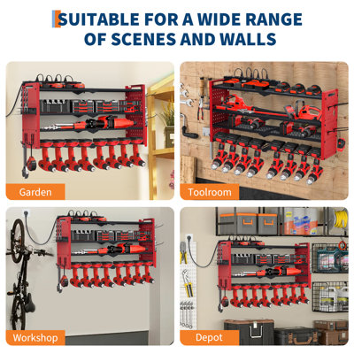 Power Tool Organizer Wall Mount with Charging Station, Heavy Duty 4-Layer Garage Rack Metal Loads 400lbs, 8 no cord Drill Storage Shelf with Hooks, Drill Bit Shelf Battery Storage for Garage