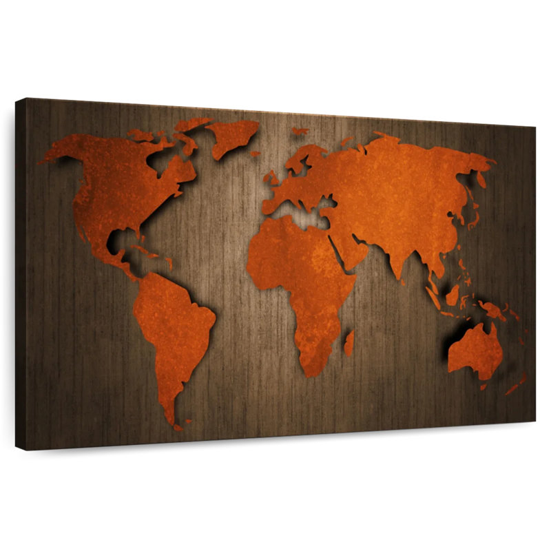 Ancienne carte du monde en bois Aliaz, H 34 po x l 51 po