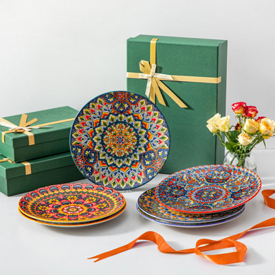6 Piece Bohemian Print Dinner Plate Set,10.5 Inch Ceramic Plates,Assorted Boho Patterns,Mix & Match Tableware
