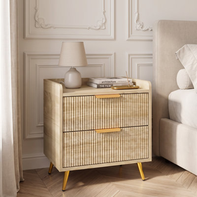 Bedside Table with 2 Drawers, Natural Wood Finish, Fluted Drawer Panels, Gold Metal Legs, Modern 50x40x50cm