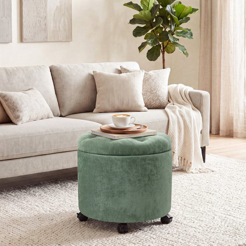 Round Upholstered Storage Ottoman With Tufted Lid And Casters, Green
