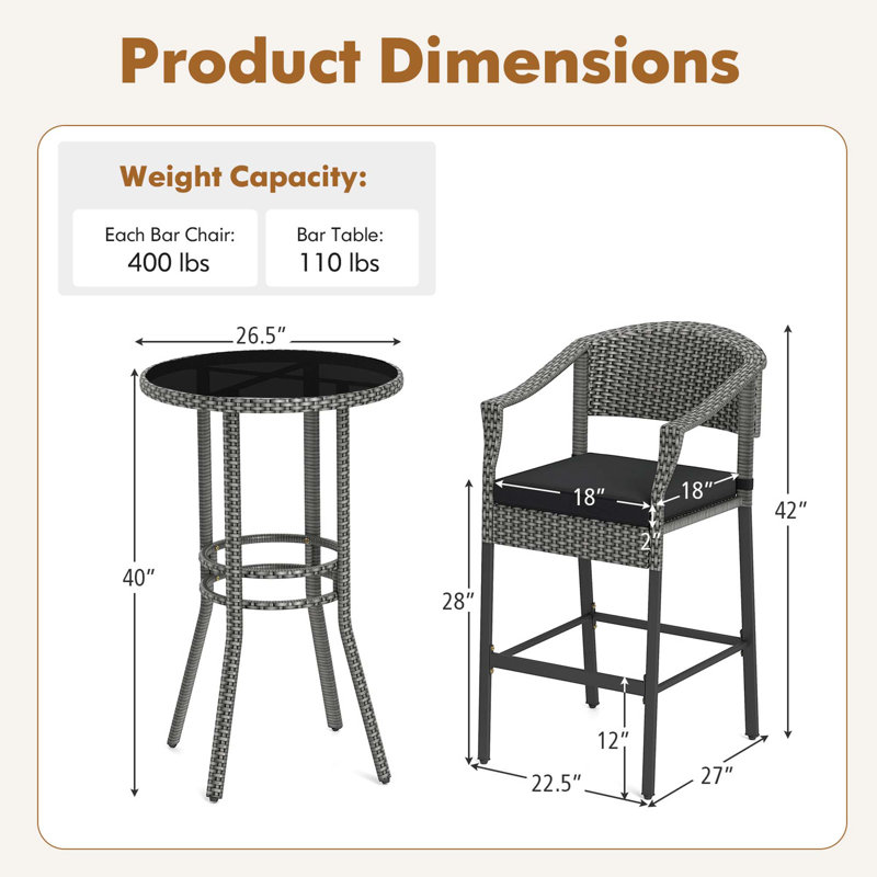 3-piece Patio Rattan Bar Set Wicker Bar Height Armchairs & Round Table 