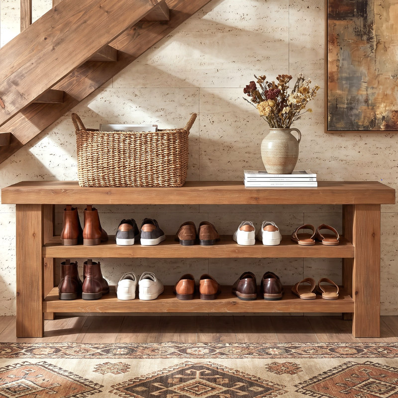 Banc de rangement pour chaussures 63 po en bois massif, banc d'entrée de ferme avec tablettes de rangement ouvertes à 2 niveaux pour la chambre à coucher, le couloir, le vestibule