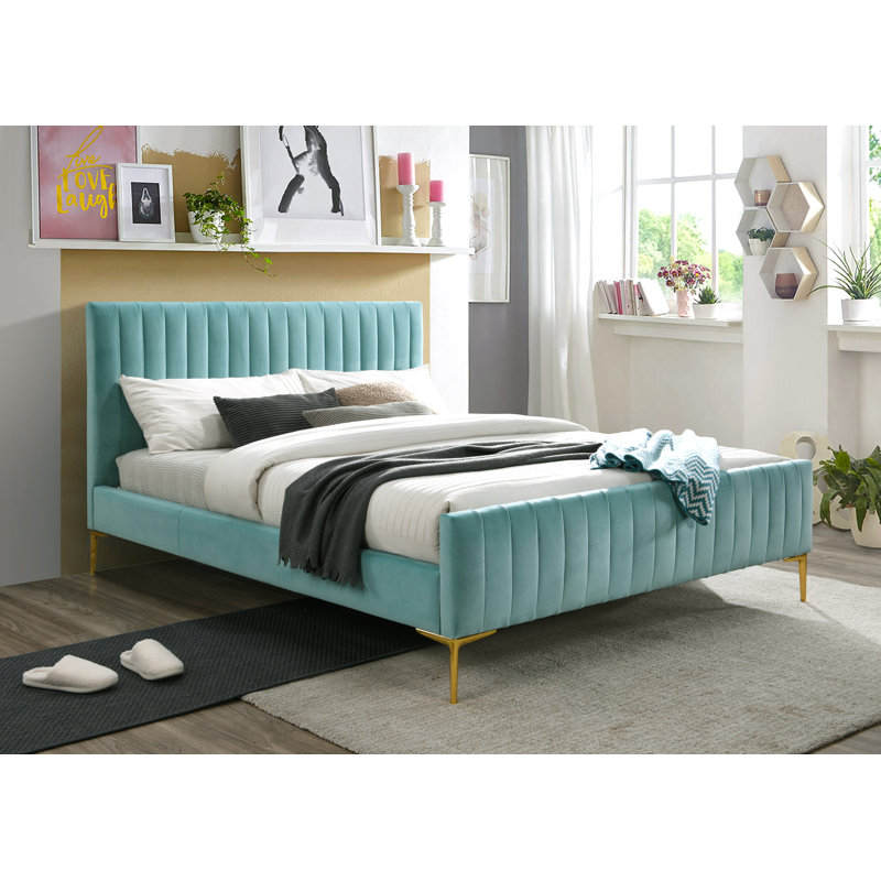 Lit plateforme tapissier Julia, Turquoise, Grand