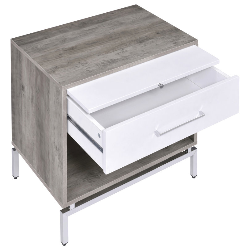 Table en chêne gris vieilli et blanc patiné avec tiroir ouvert pratique et décoration pour la décoration intérieure