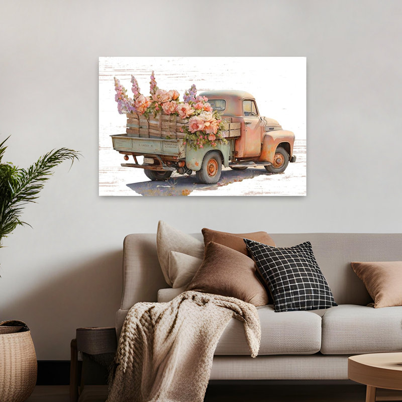 Art rétro de camion de fleurs rétro V, H 32 po x l 48 po