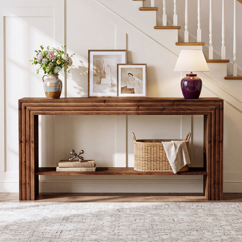 Console en bois massif de 63 po, table de ferme rustique avec tablette de rangement ouverte, table d'entrée pour le salon, couloir, brun