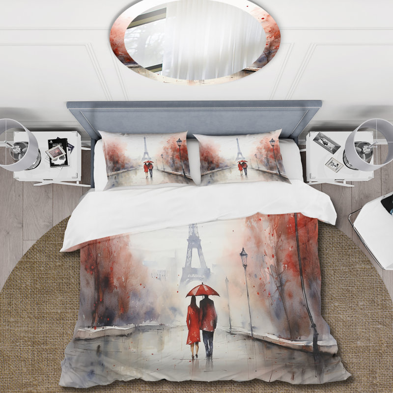 «In Love In Paris Eiffel Tower Vintage Aquarelle - Ensemble de housse de couette Cityscapes» - Microfibre de polyester