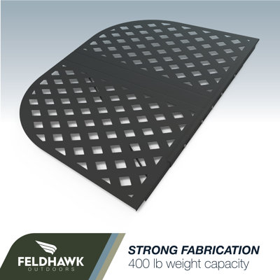 Diamond Window Well Covers, Basement Diamond Pattern Well Cover, Powder Coated Black, D - Shaped Egress Covering Semi-universal Fit. Feldhawk Outdoors.