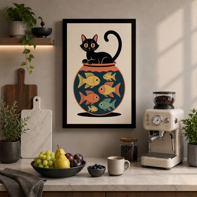 Cat and Fishbowl Mid-Century 1 Piece Wrapped Canvas Wall Art, 24x16 - 61.0 x 40.6 cm, Cream Border