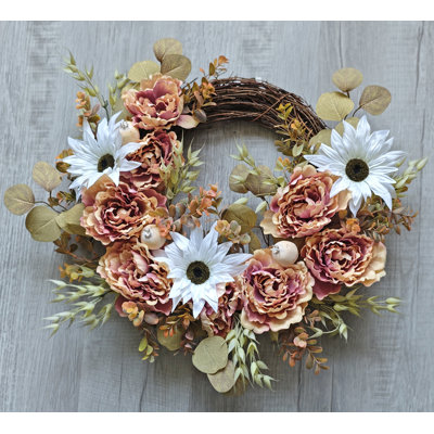 Fall Half Wreath, Peony/Sunflower/Wheat/Eucalyptus