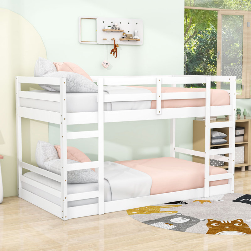 Lit simple superposé simple au-dessus de simple, lit superposé en bois avec échelle, Blanc